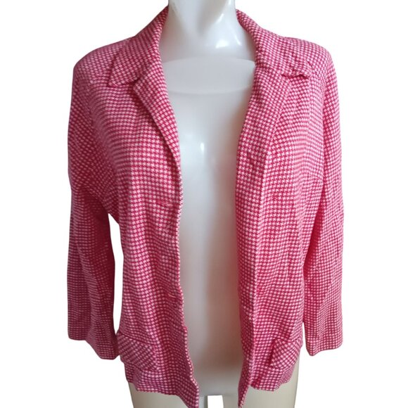 Vintage Women's Medium Open Blazer 1970's Red White Houndstooth shabby Granny - Picture 2 of 6